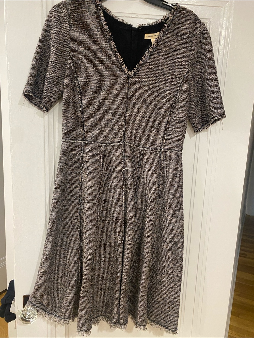 Rebecca Taylor Boucle Frayed Trim V-Neck A-Line Midi Dress